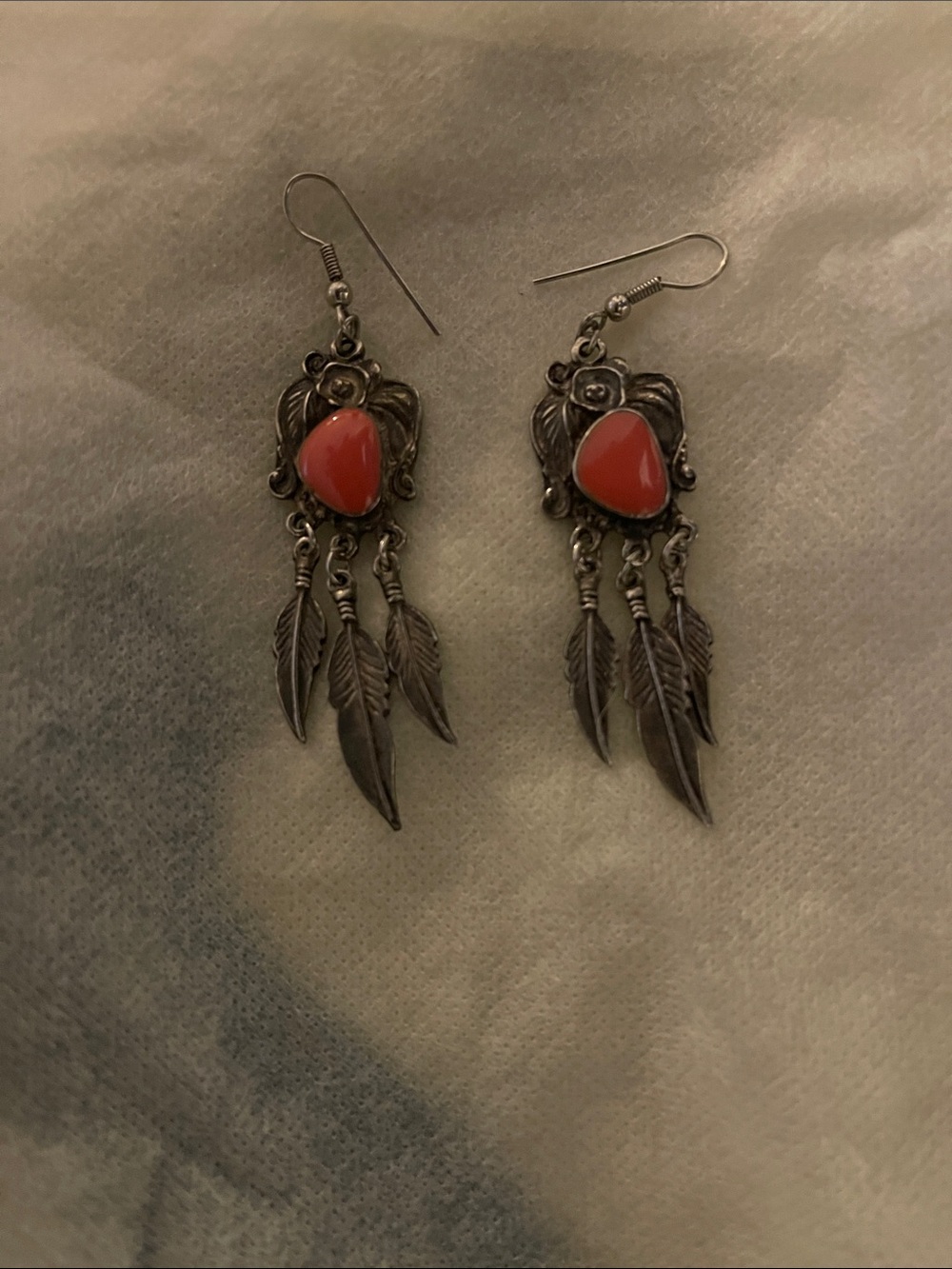 Vintage Metal Gemstone & Feather Earrings